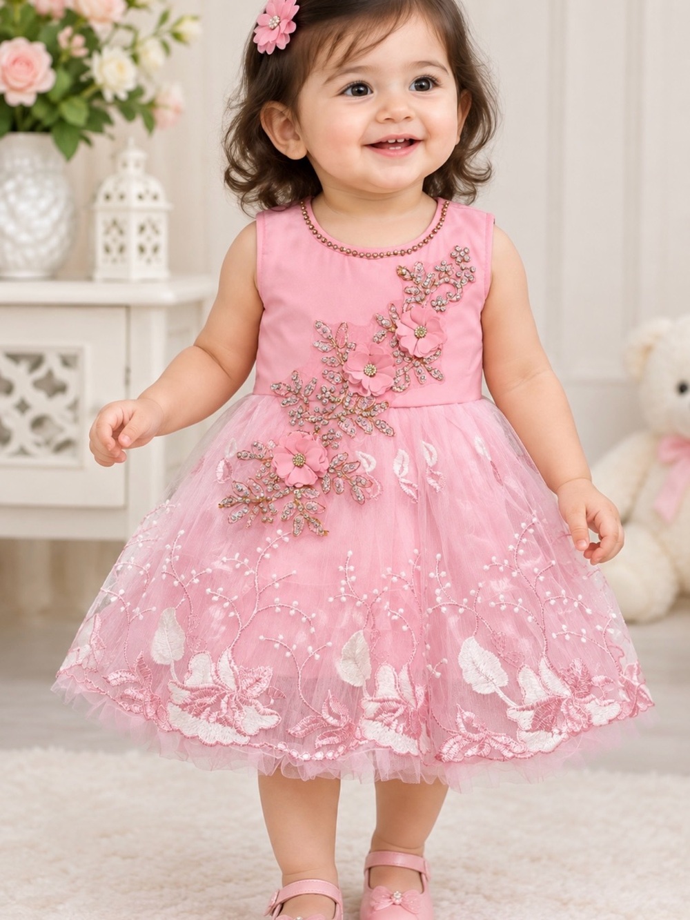 Elegant Pink Floral Embroidered Tulle Party Dress for Kids
